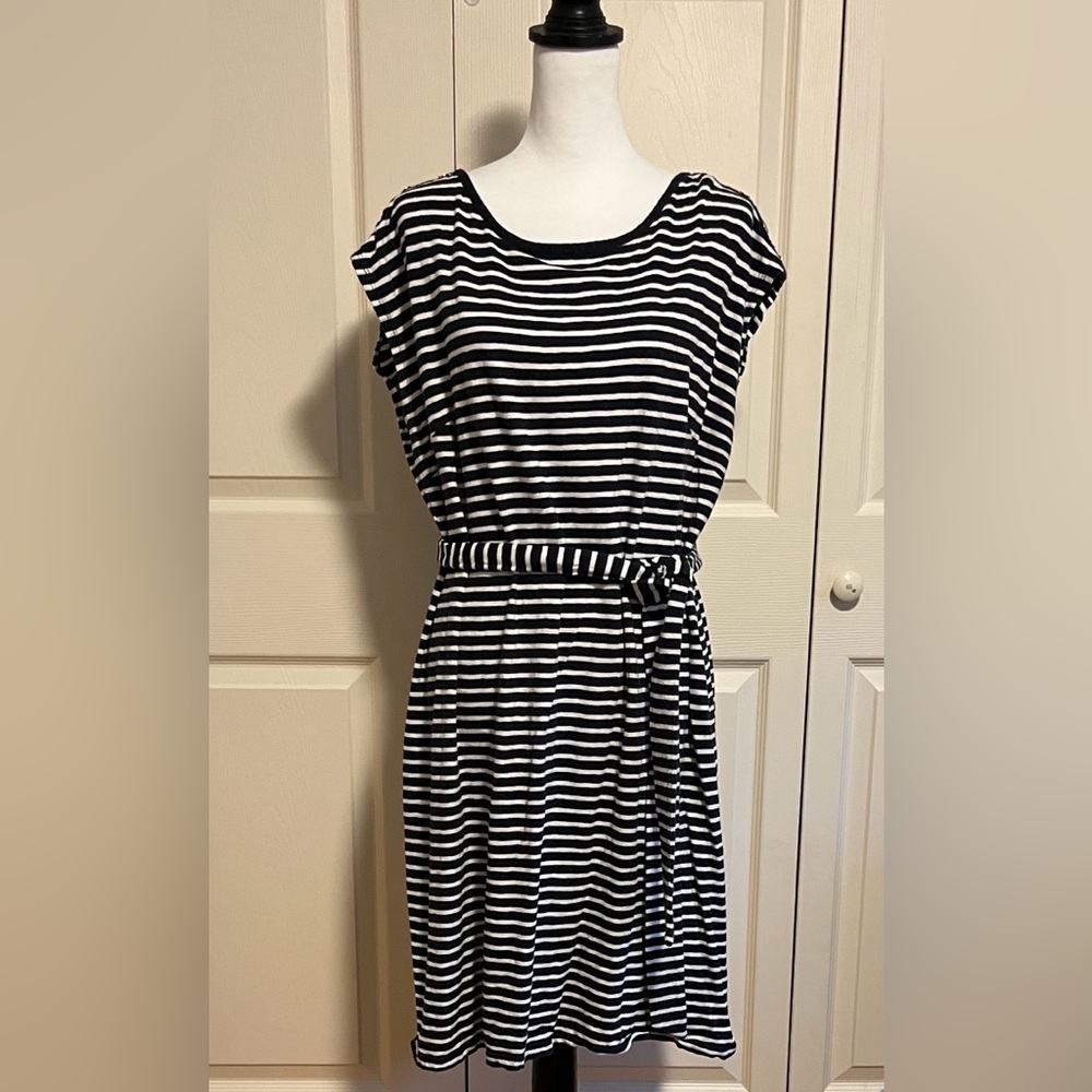 Talbots, sleeveless mini dress, blue and white vertical stripes, belted, XL